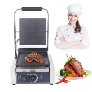 1800W Single Panini Sandwich Press Grill Smooth Flat Surface Restaurant Cafe Pancake Machine 110V 50-300℃ (122-572�H)