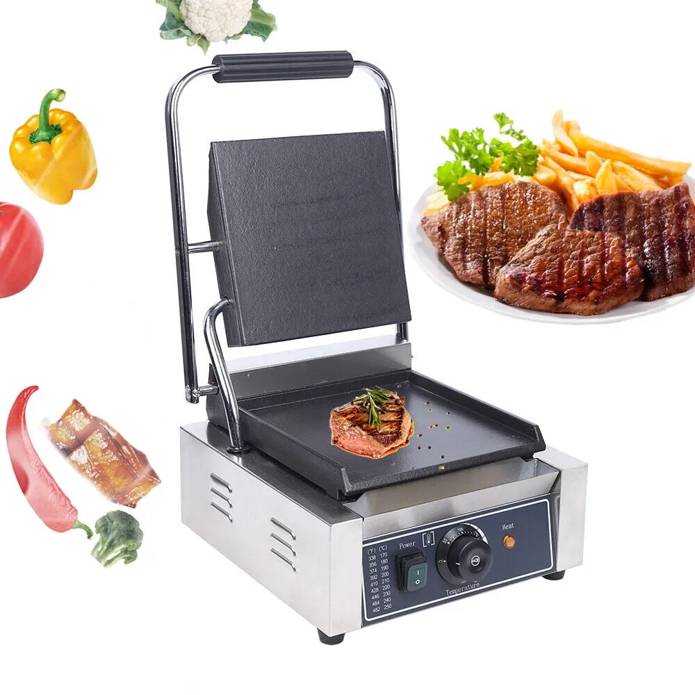 1800W Single Panini Sandwich Press Grill Smooth Flat Surface Restaurant Cafe Pancake Machine 110V 50-300℃ (122-572�H)