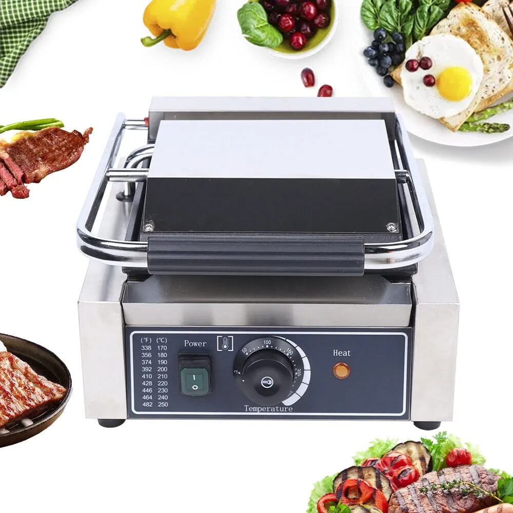 1800W Single Panini Sandwich Press Grill Smooth Flat Surface Restaurant Cafe Pancake Machine 110V 50-300℃ (122-572�H)