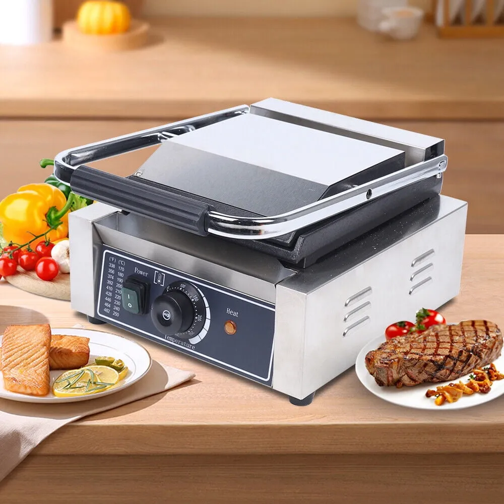 1800W Single Panini Sandwich Press Grill Smooth Flat Surface Restaurant Cafe Pancake Machine 110V 50-300℃ (122-572�H)