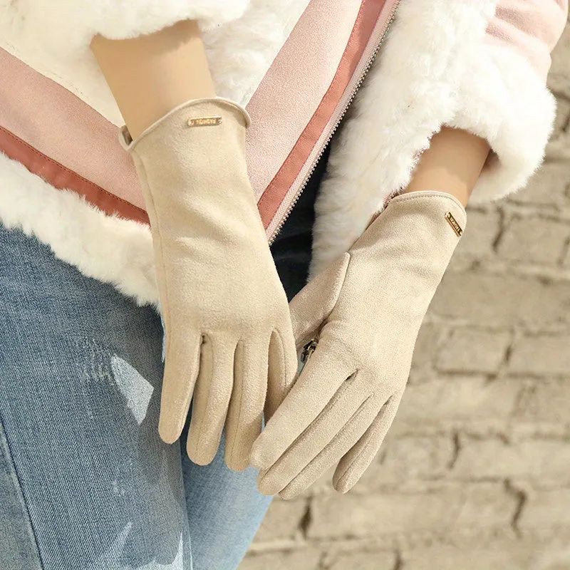 1Pair Women's Suede Gloves - Woven Full-Finger Thermal, Fleece-Lined, Windproof, Elastic, Casual Weekend Wear Warm Gloves