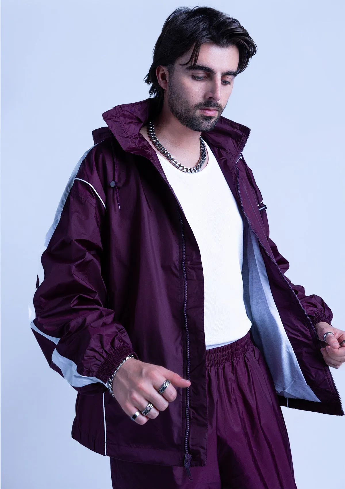 2600S Unisex Full Zipper Taffeta Nylon Tracksuit Jacket and Sweatpants Set with White Piping - Maroon