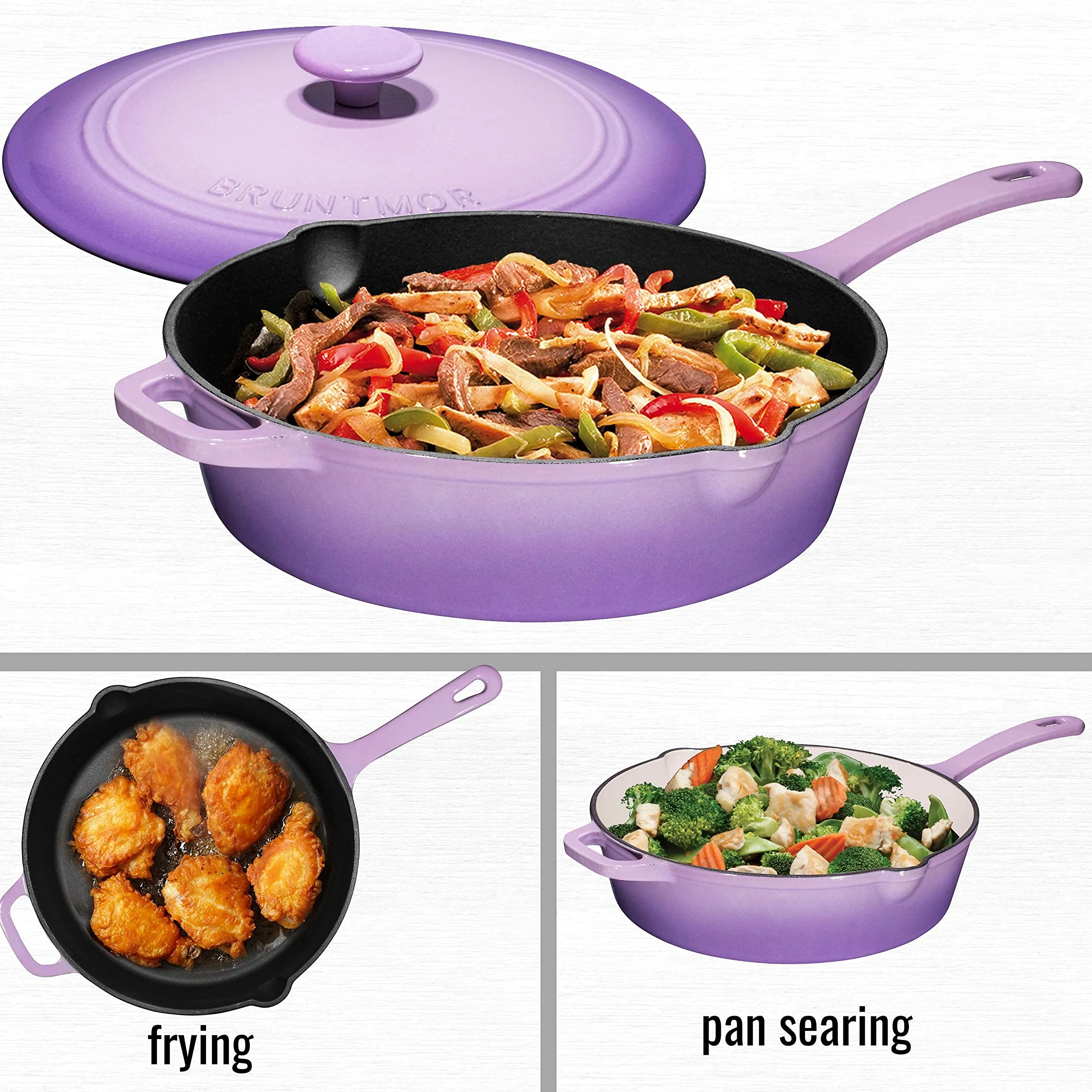 Enameled Cast Iron Skillet Deep Saut Pan with Lid, 12 Inch, Superior Heat Retention