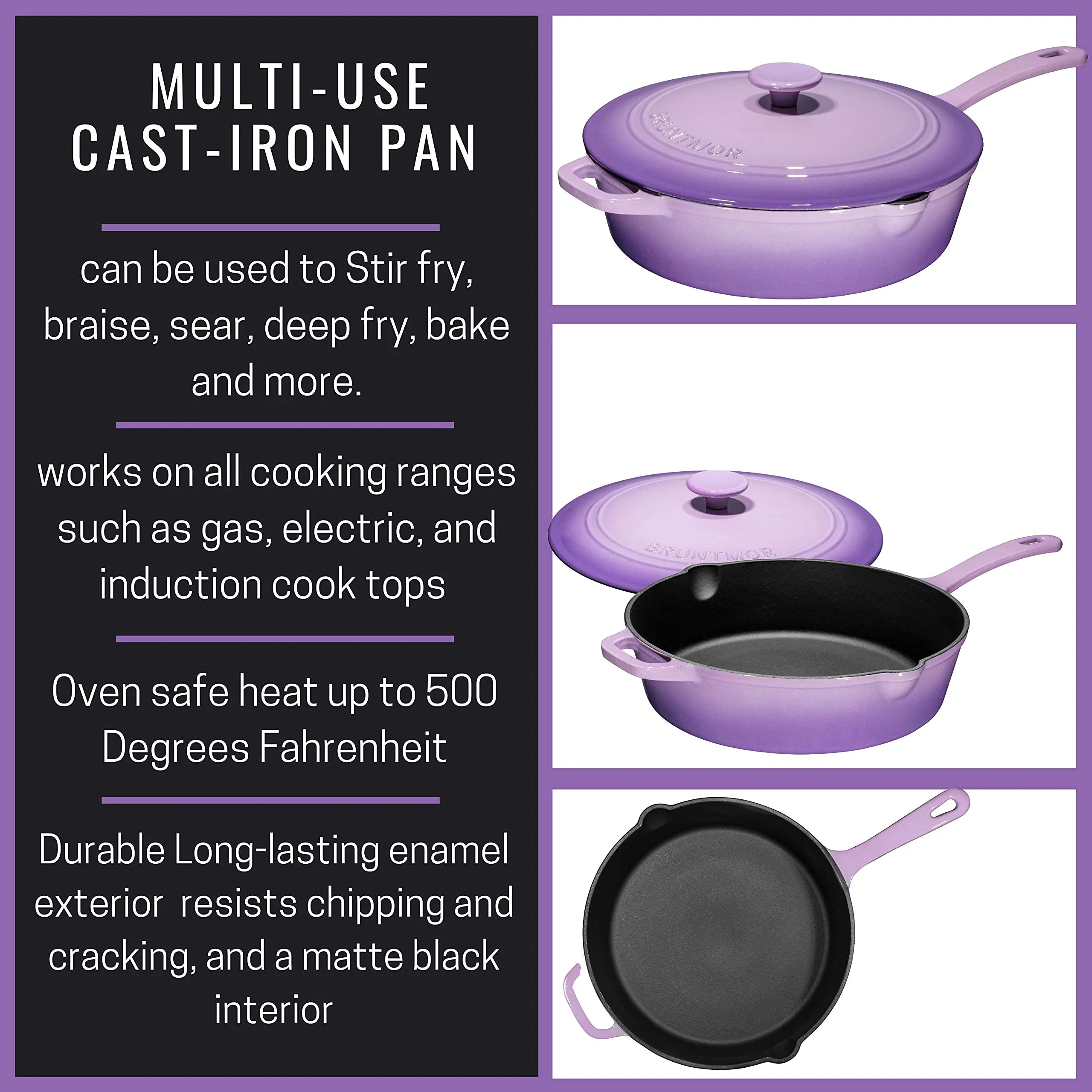 Enameled Cast Iron Skillet Deep Saut Pan with Lid, 12 Inch, Superior Heat Retention