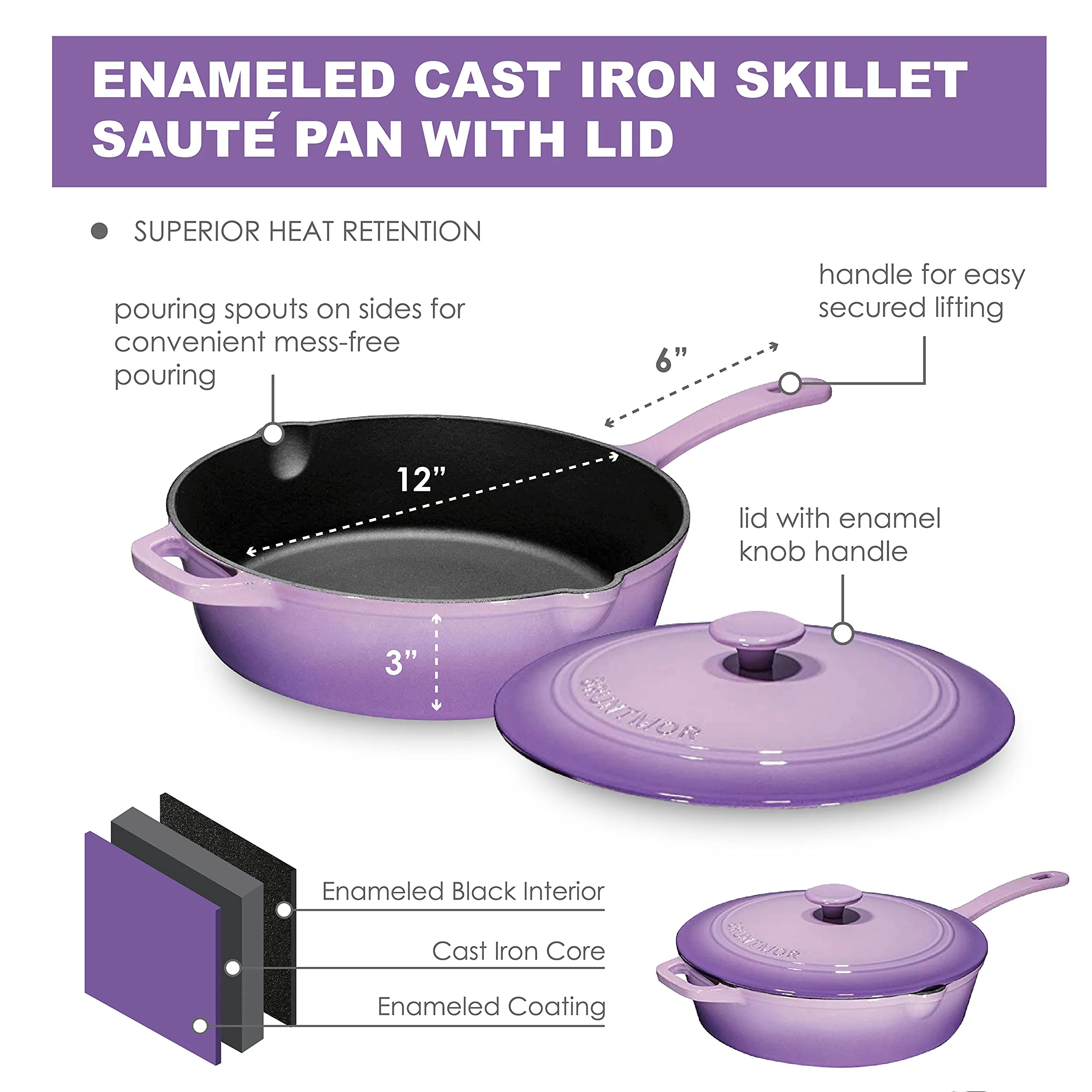 Enameled Cast Iron Skillet Deep Saut Pan with Lid, 12 Inch, Superior Heat Retention