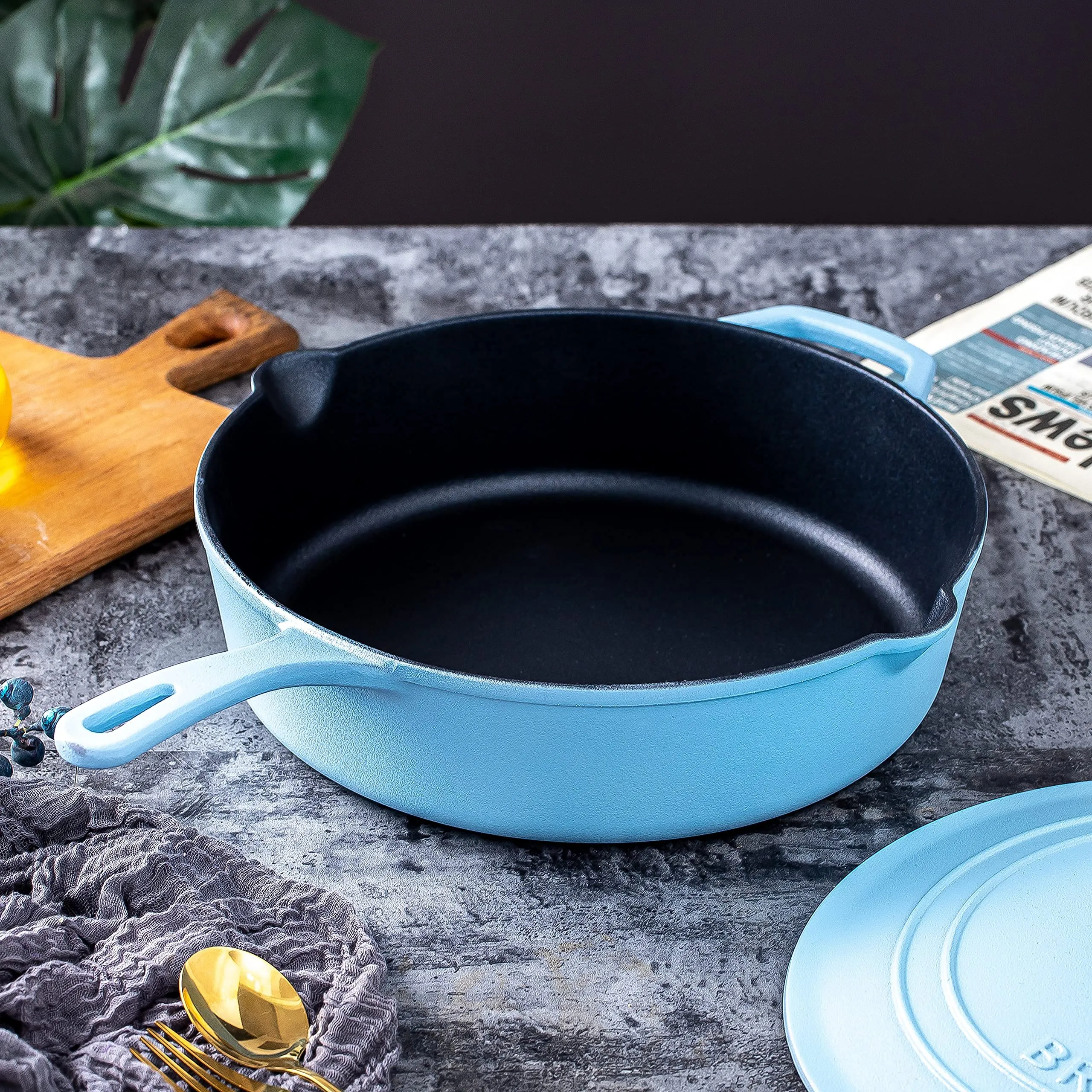 Enameled Silicone Oil Non-Stick Cast Iron 12 Inch Skillet Deep Saut Pan 5 Quart Jumbo