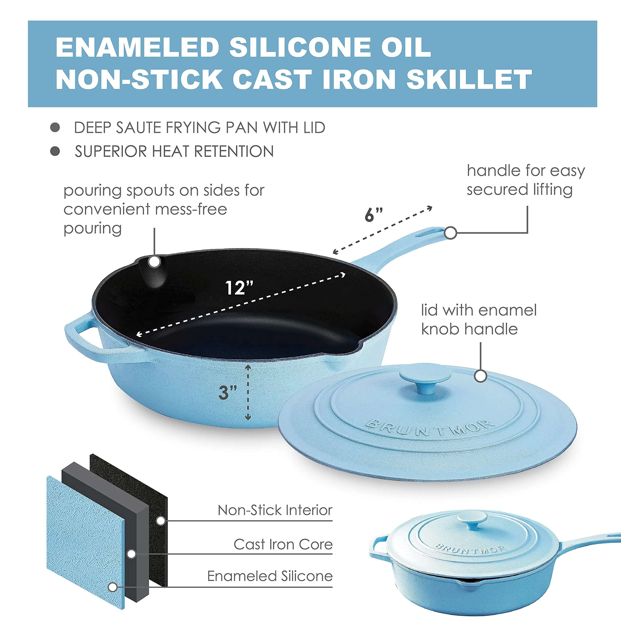 Enameled Silicone Oil Non-Stick Cast Iron 12 Inch Skillet Deep Saut Pan 5 Quart Jumbo