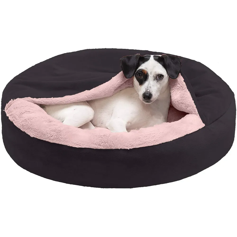 Fluffy Petslover Calming Anti Anxiety Hooded Fabric Bed with Attached Blanket for Dogs and Cats (Black)