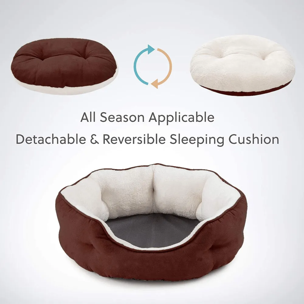 Fluffy's Pawsome Round Washable Bed for Dogs and Cats (Brown)