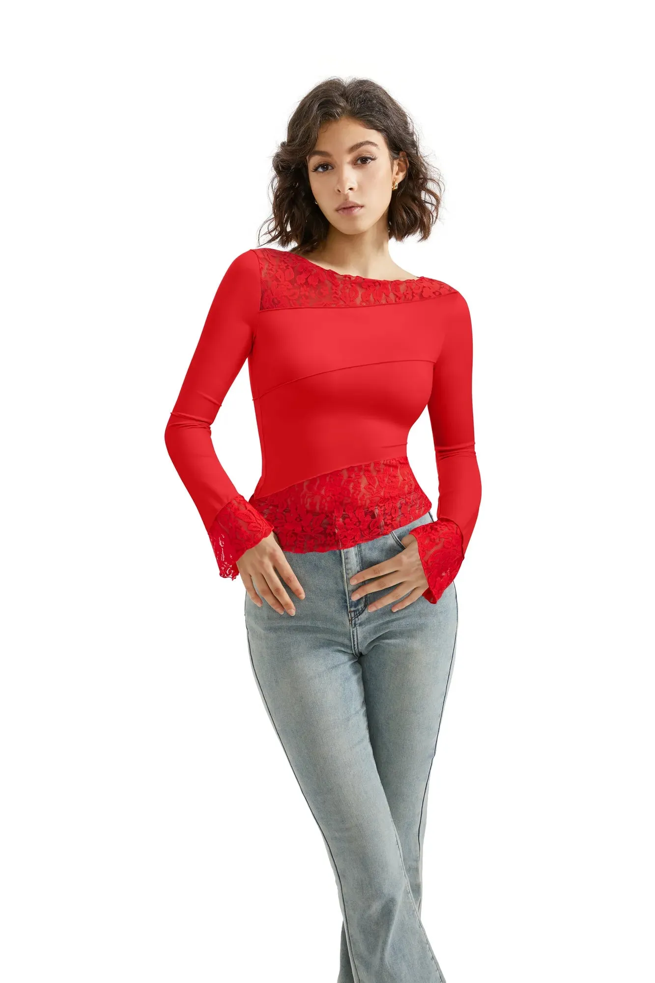 Mesh Lace Crew Neck Shirt - Long Sleeve