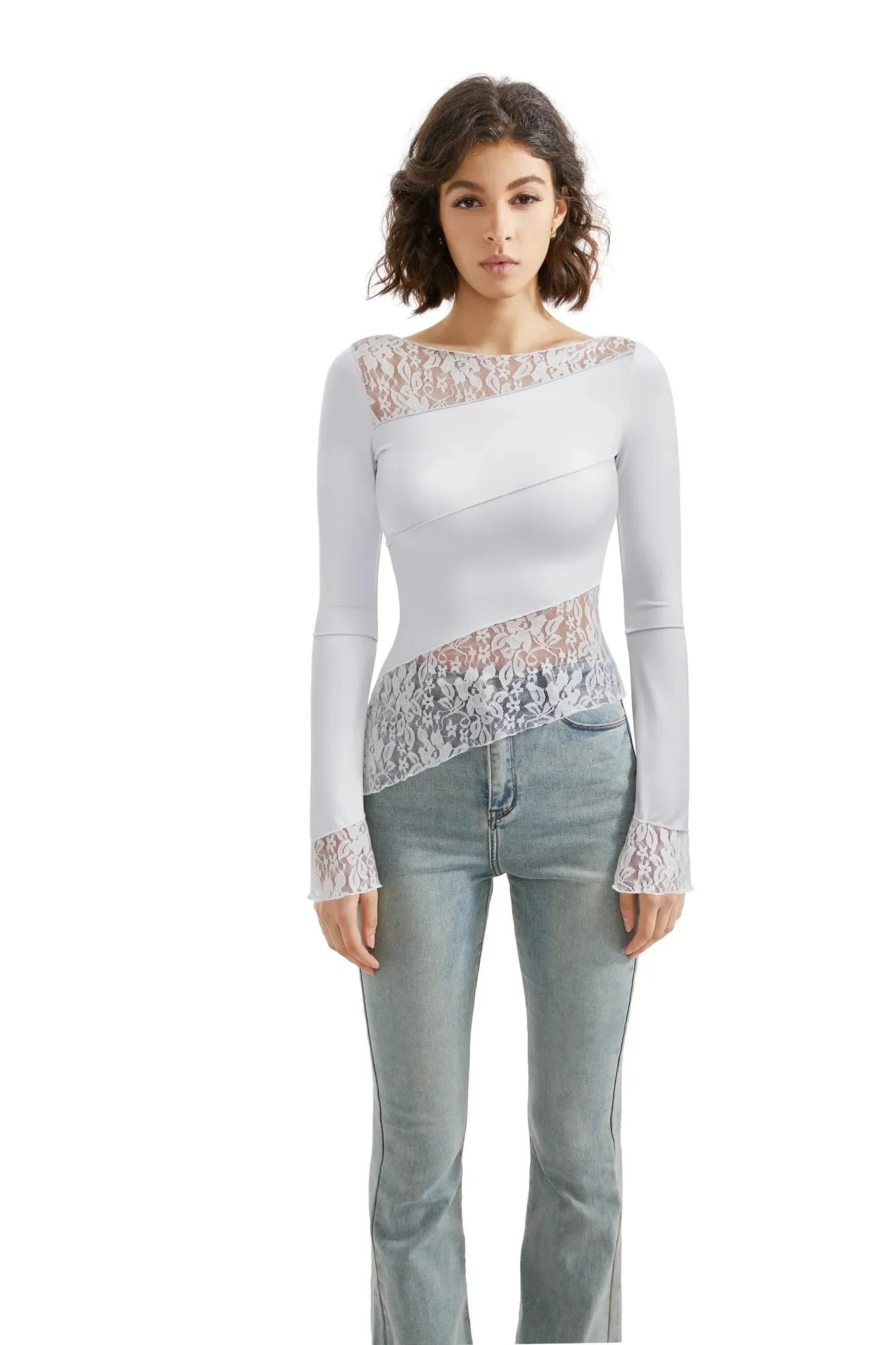 Mesh Lace Crew Neck Shirt - Long Sleeve