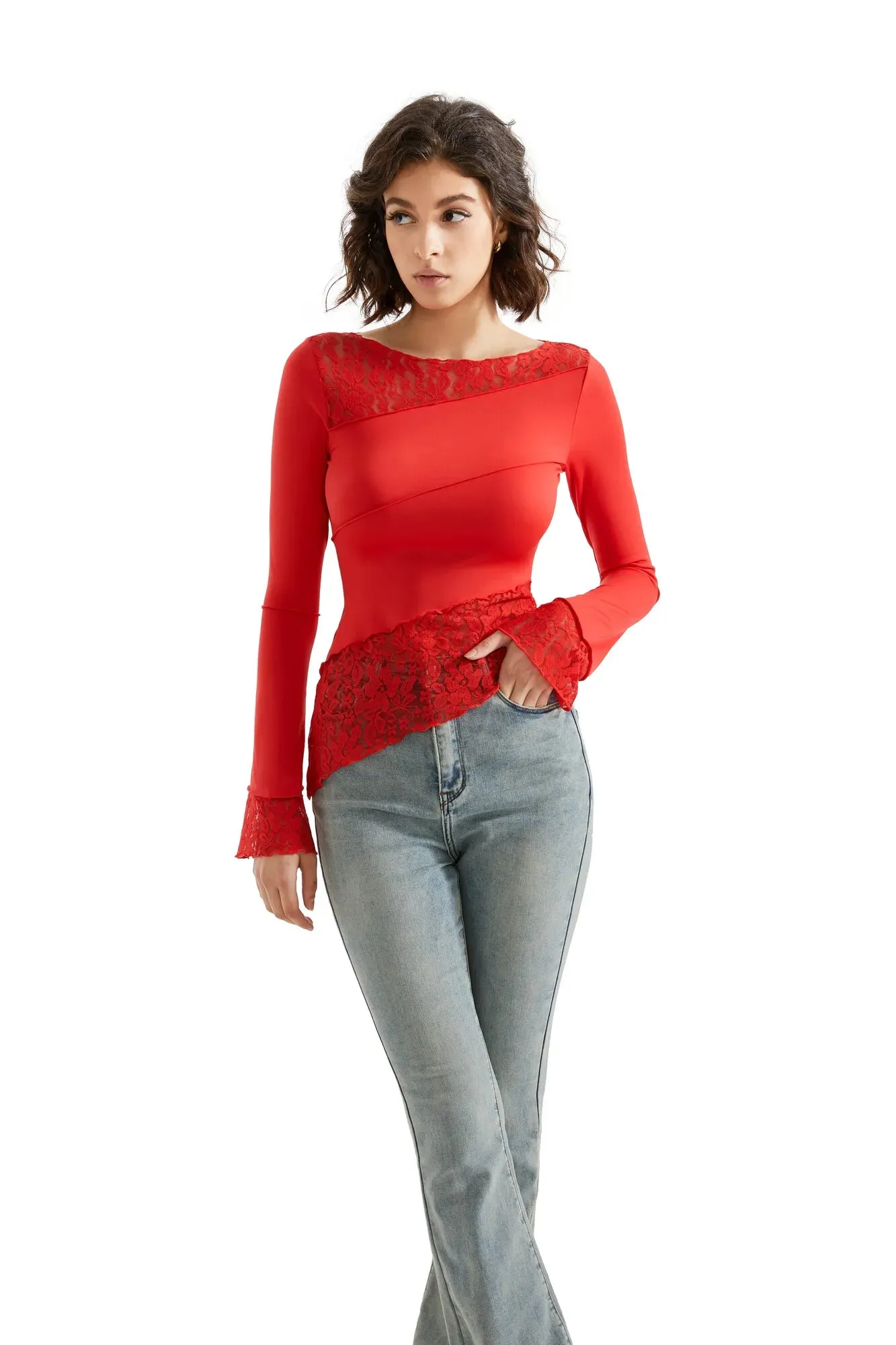 Mesh Lace Crew Neck Shirt - Long Sleeve