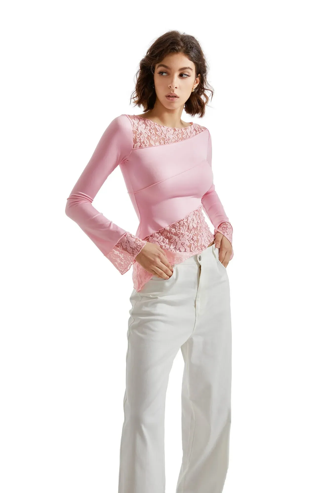 Mesh Lace Crew Neck Shirt - Long Sleeve