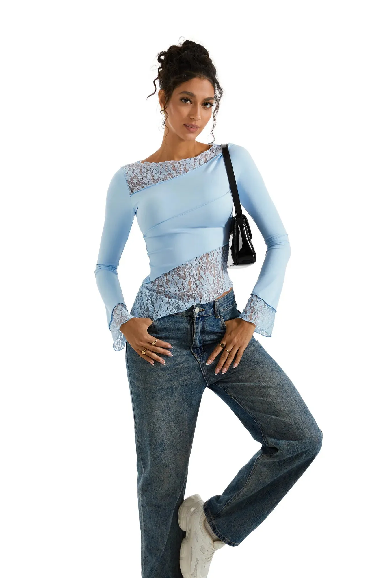 Mesh Lace Crew Neck Shirt - Long Sleeve