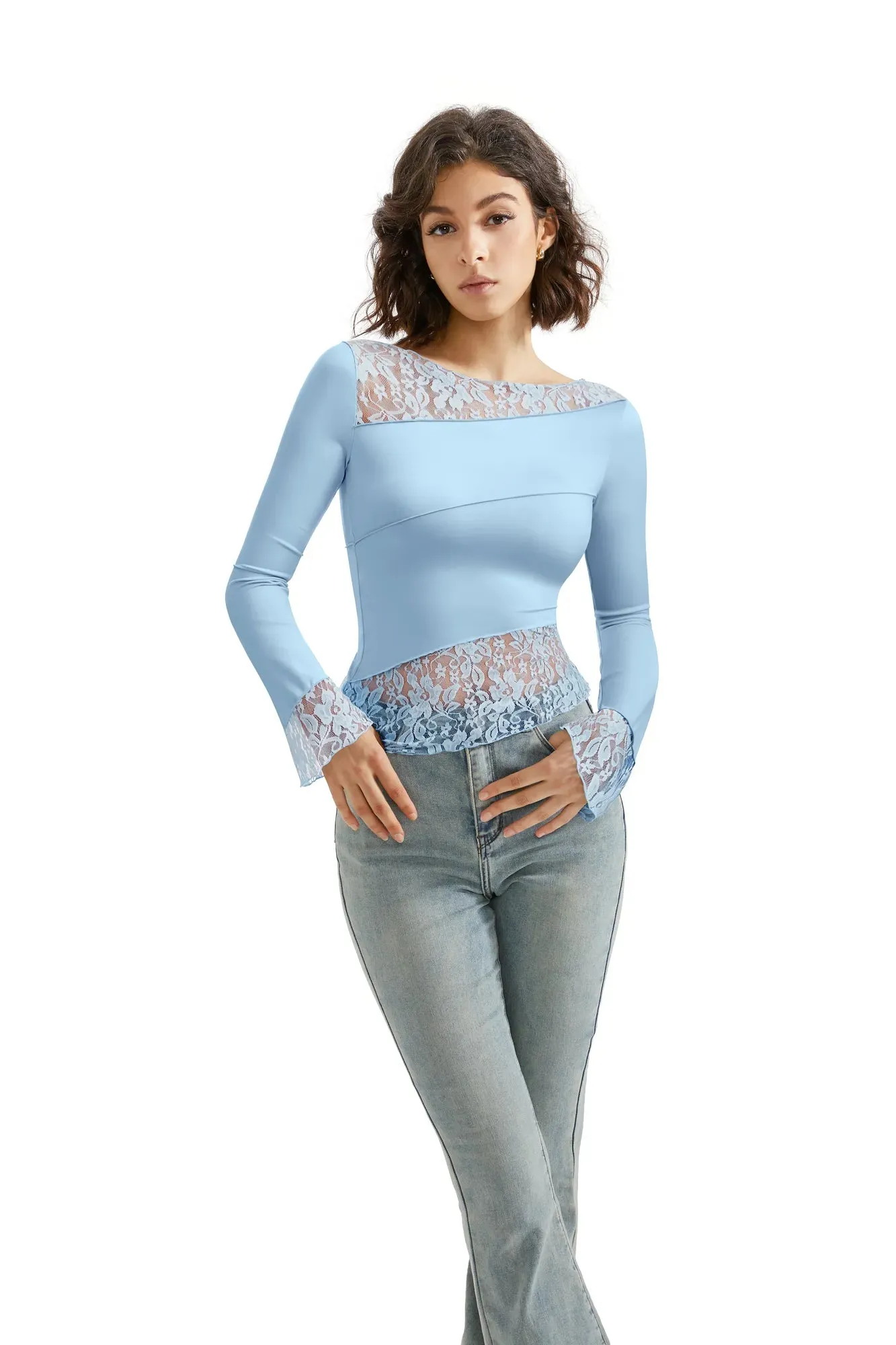 Mesh Lace Crew Neck Shirt - Long Sleeve