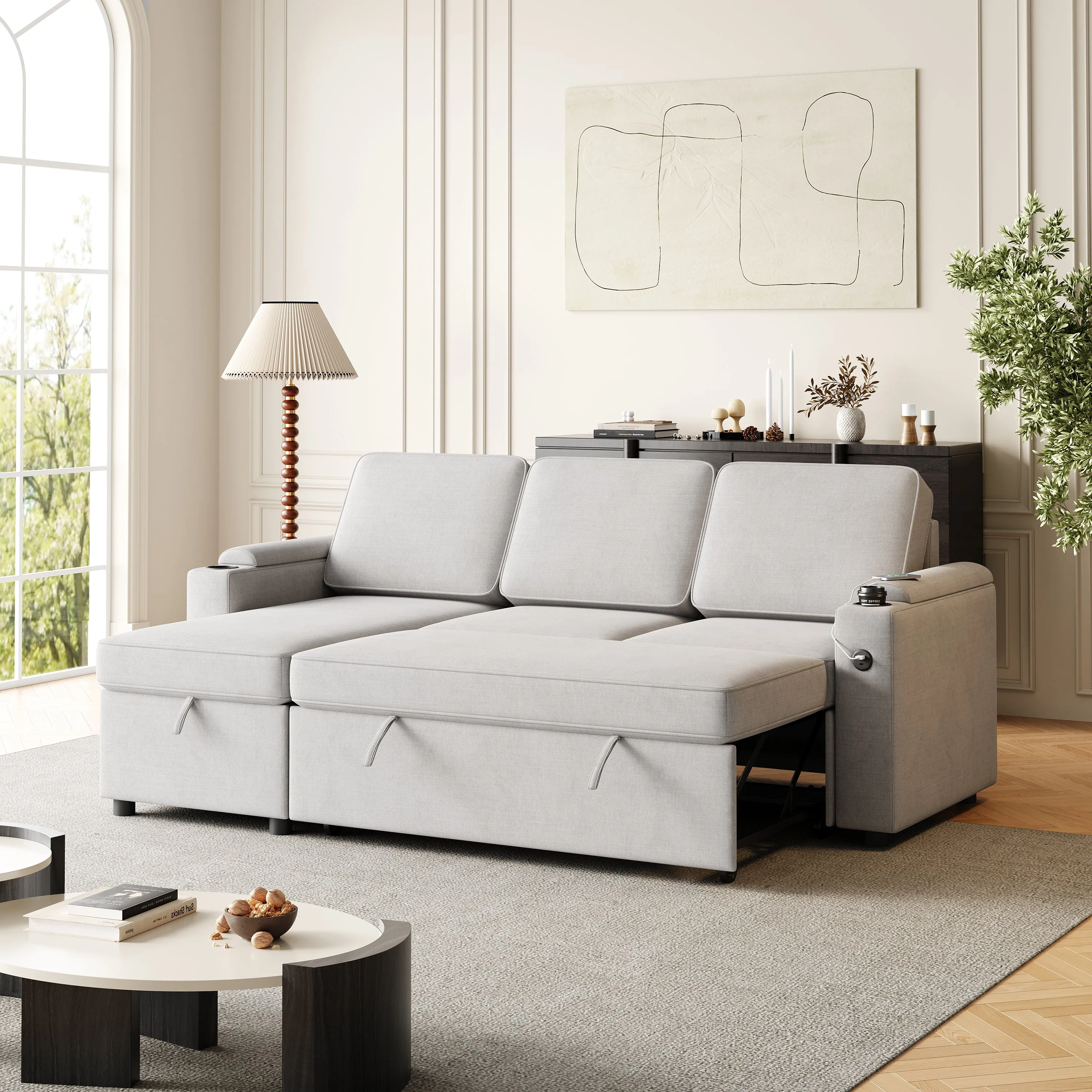 MH85.8" Sleeper Sofa, Sofa Bed - 2 in 1 Pull Out Sofa Bed with Storage Sofa, Sofa Sleeper with Pull Out Bed with Charging Port