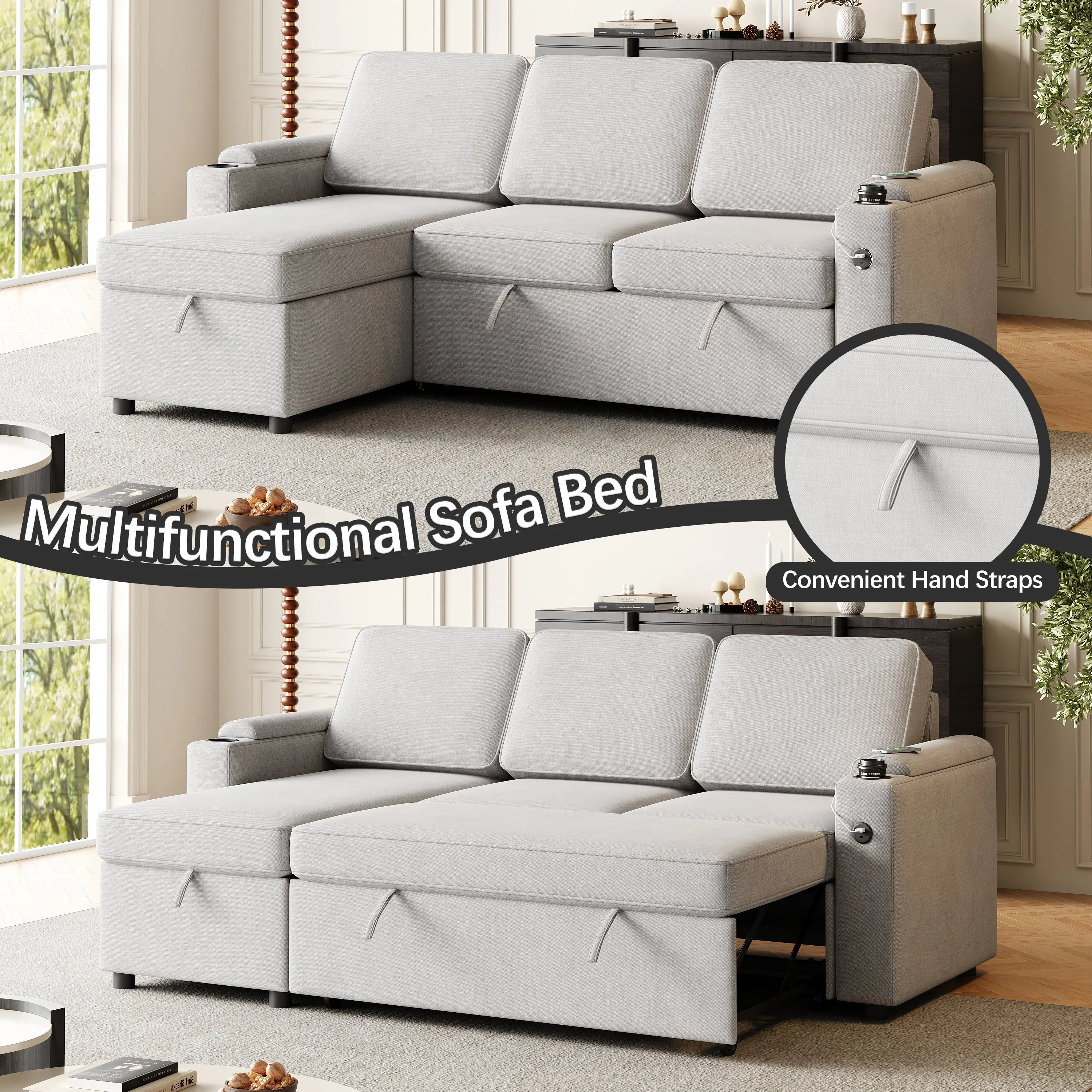 MH85.8" Sleeper Sofa, Sofa Bed - 2 in 1 Pull Out Sofa Bed with Storage Sofa, Sofa Sleeper with Pull Out Bed with Charging Port