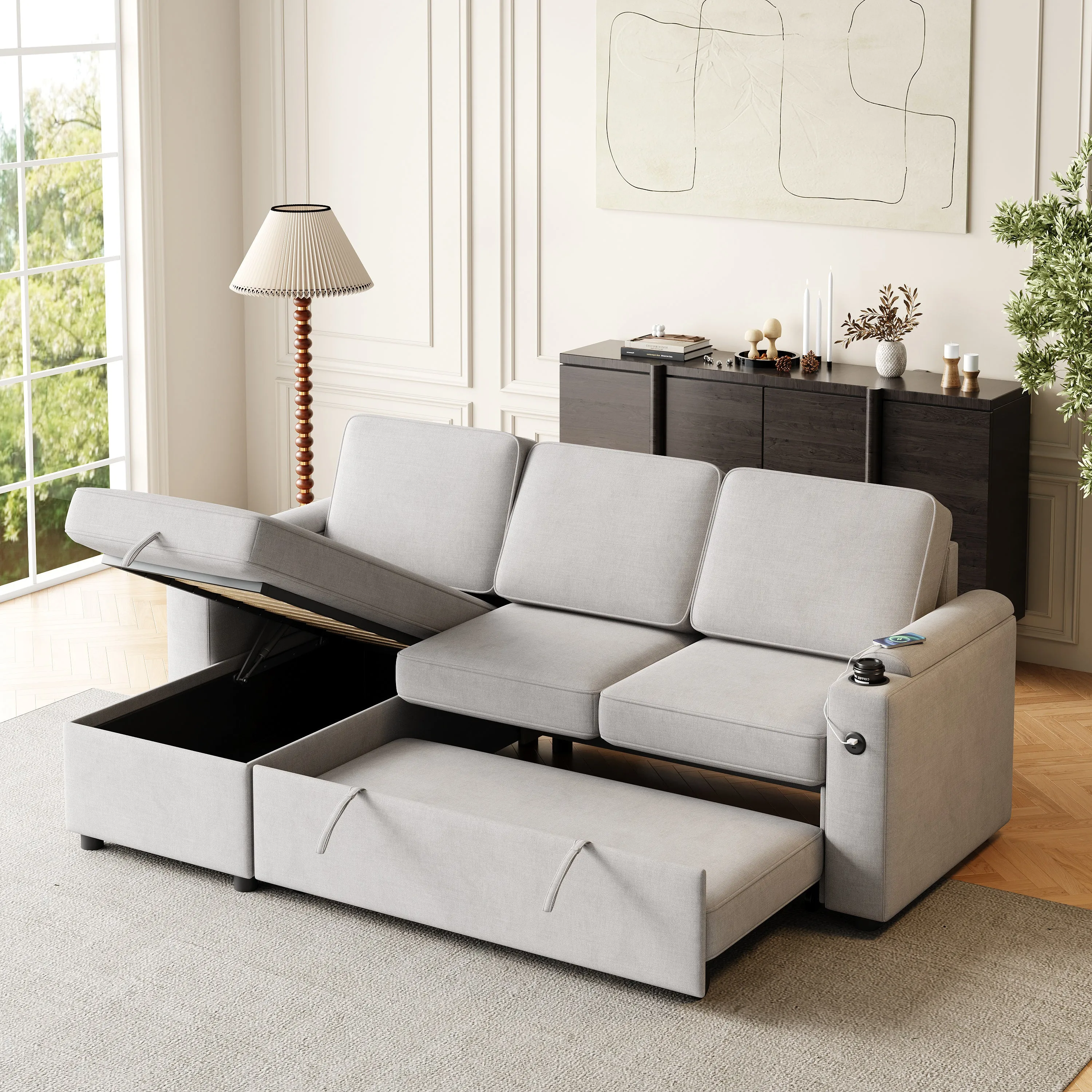 MH85.8" Sleeper Sofa, Sofa Bed - 2 in 1 Pull Out Sofa Bed with Storage Sofa, Sofa Sleeper with Pull Out Bed with Charging Port