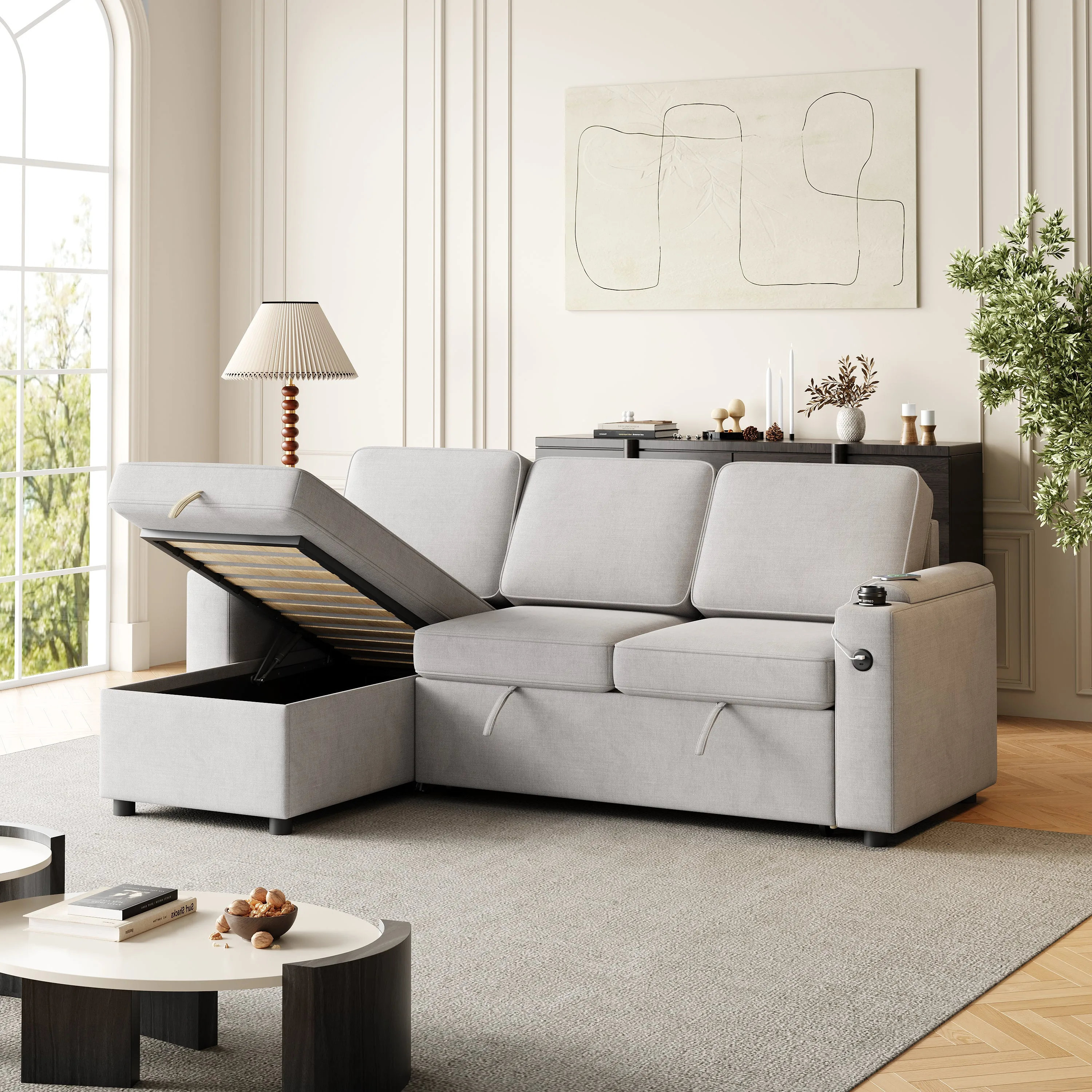 MH85.8" Sleeper Sofa, Sofa Bed - 2 in 1 Pull Out Sofa Bed with Storage Sofa, Sofa Sleeper with Pull Out Bed with Charging Port