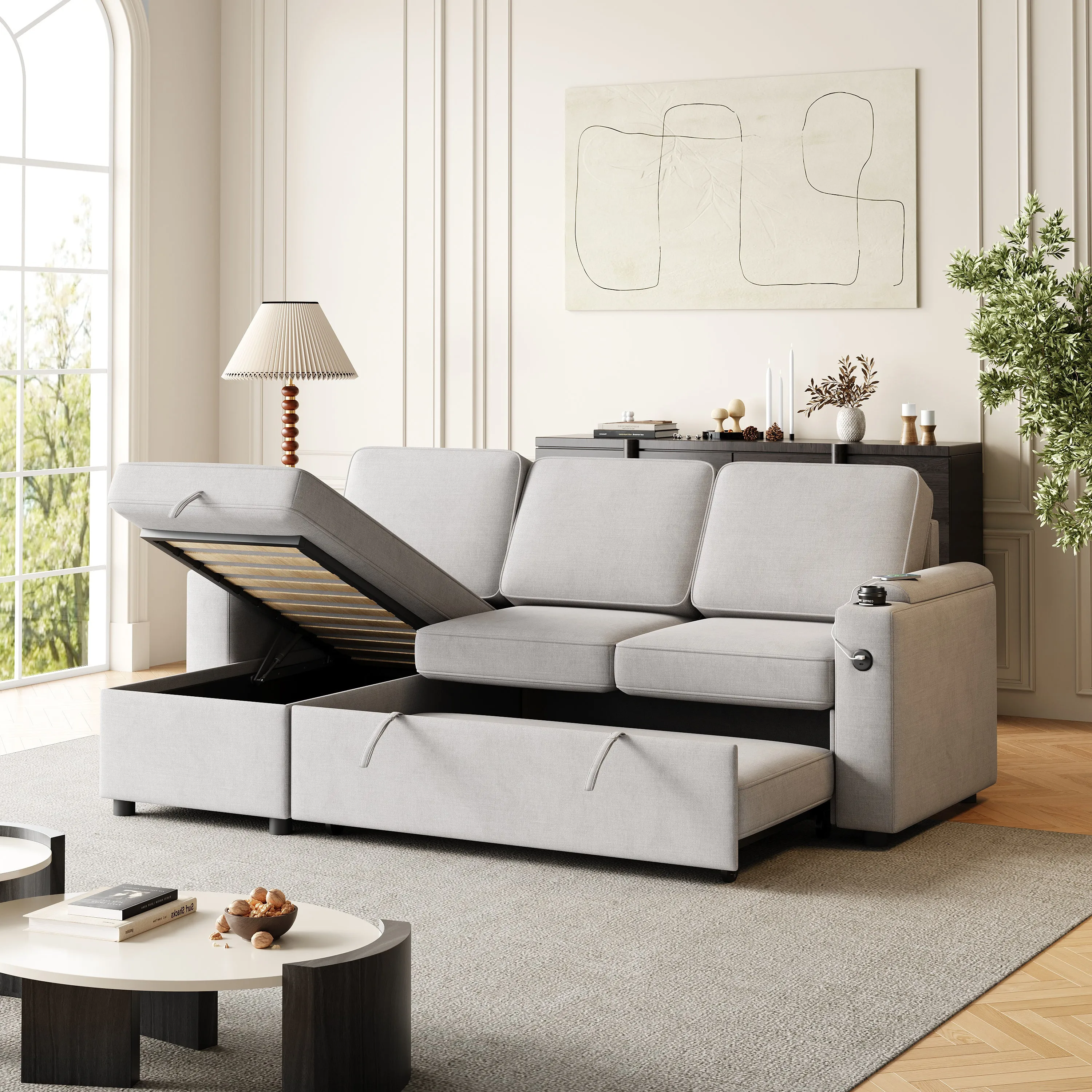 MH85.8" Sleeper Sofa, Sofa Bed - 2 in 1 Pull Out Sofa Bed with Storage Sofa, Sofa Sleeper with Pull Out Bed with Charging Port