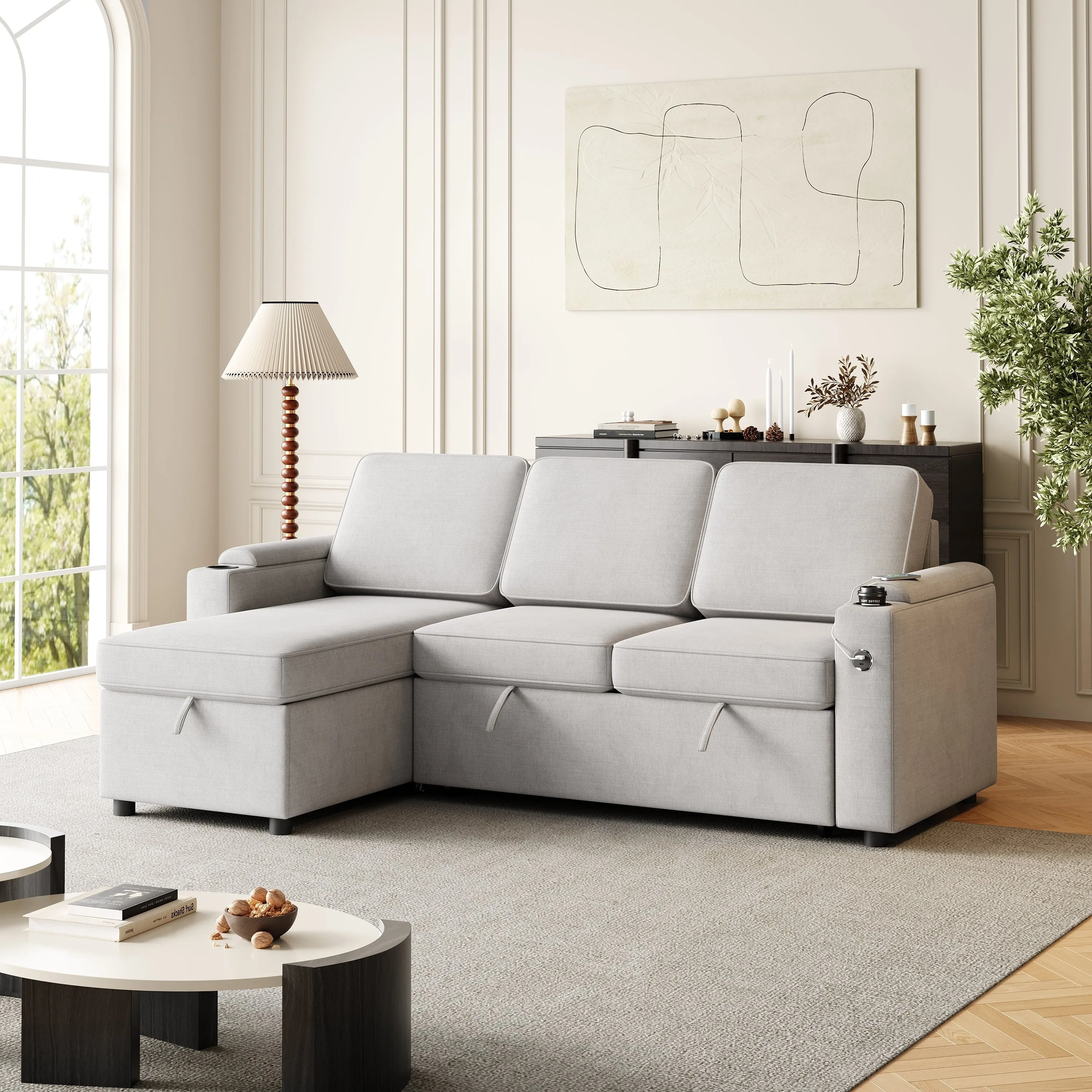 MH85.8" Sleeper Sofa, Sofa Bed - 2 in 1 Pull Out Sofa Bed with Storage Sofa, Sofa Sleeper with Pull Out Bed with Charging Port