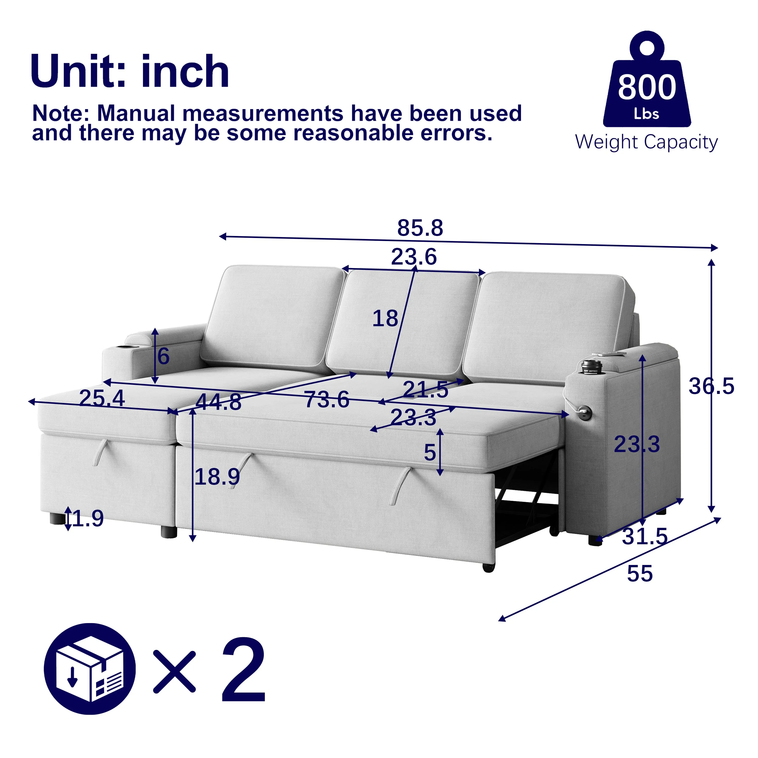 MH85.8" Sleeper Sofa, Sofa Bed - 2 in 1 Pull Out Sofa Bed with Storage Sofa, Sofa Sleeper with Pull Out Bed with Charging Port