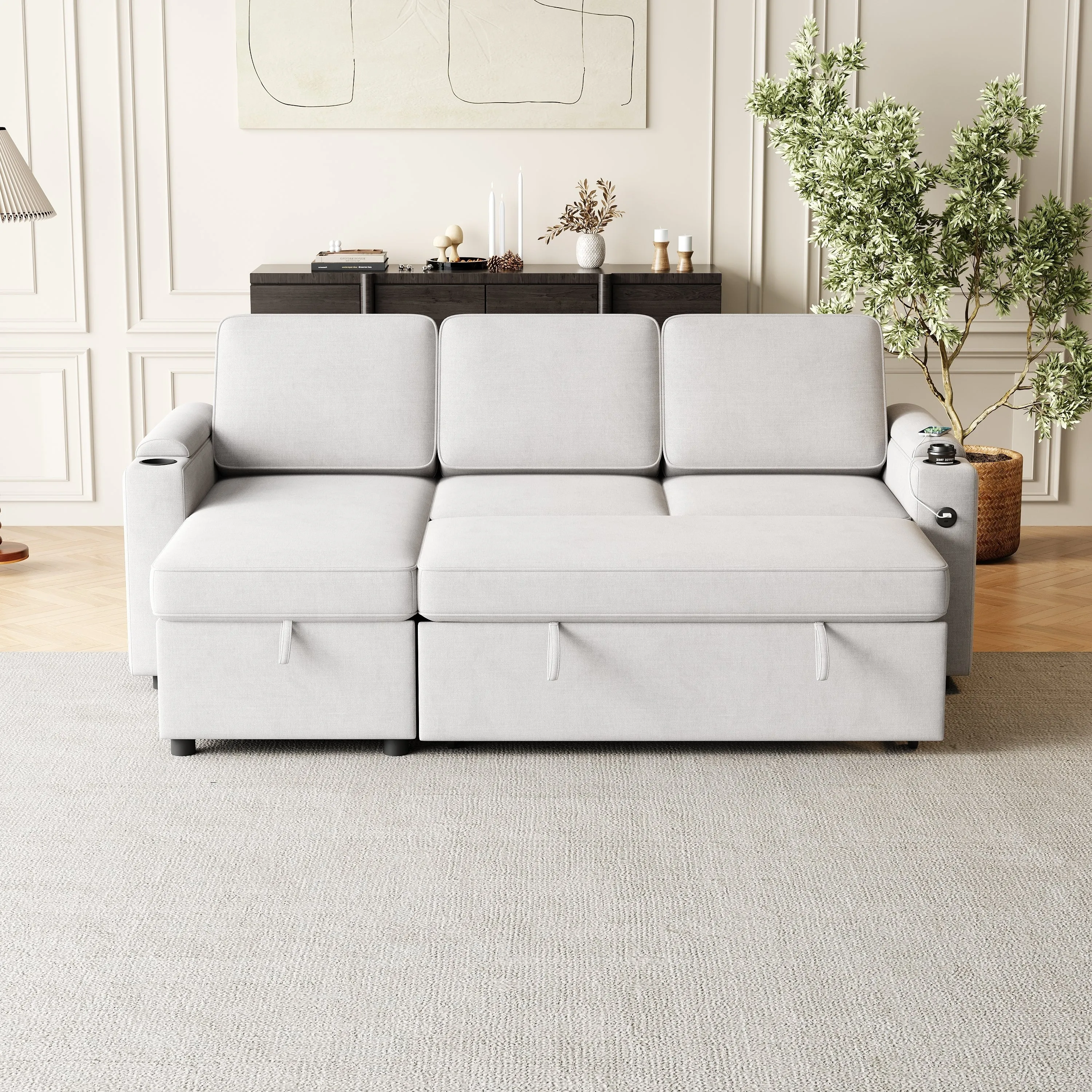 MH85.8" Sleeper Sofa, Sofa Bed - 2 in 1 Pull Out Sofa Bed with Storage Sofa, Sofa Sleeper with Pull Out Bed with Charging Port