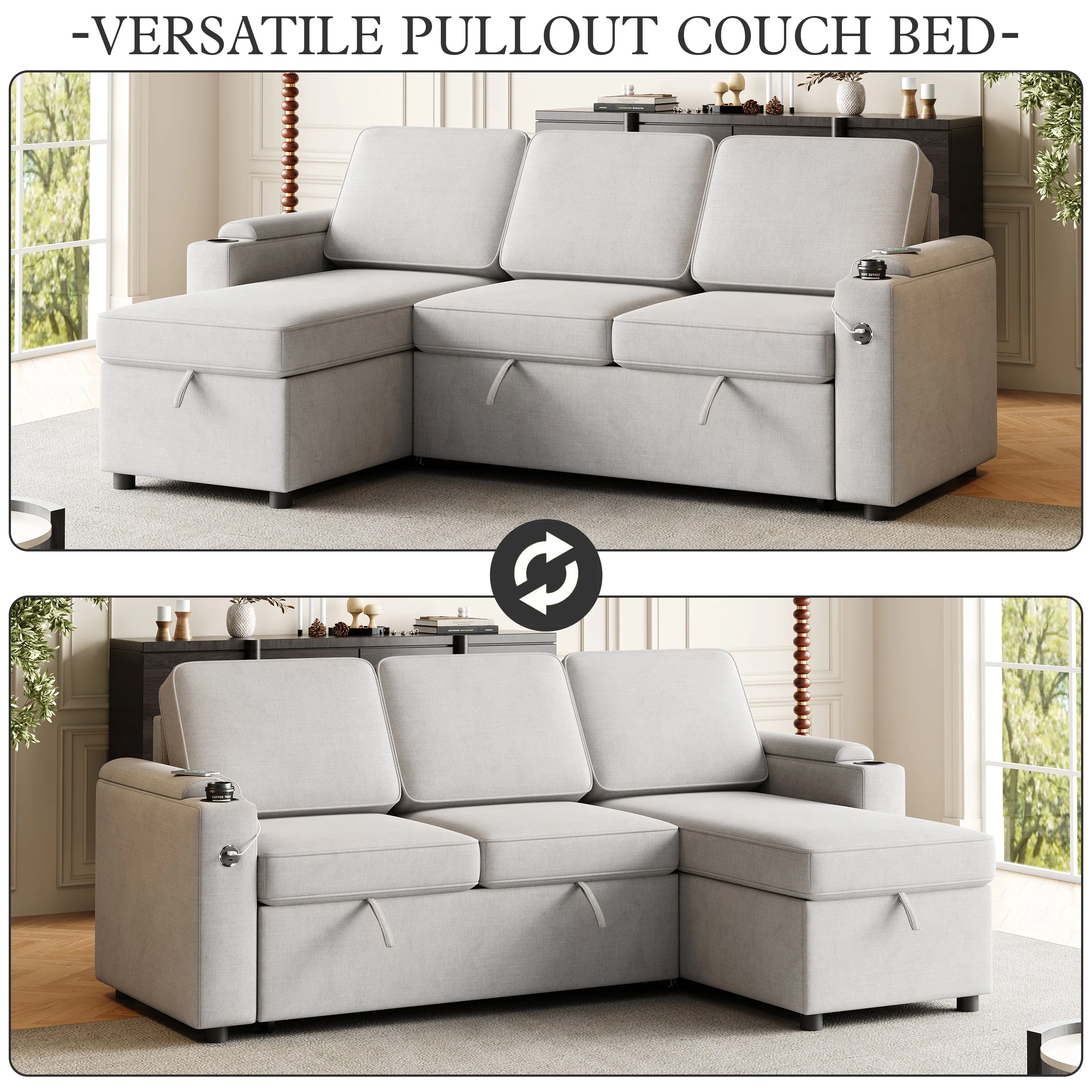 MH85.8" Sleeper Sofa, Sofa Bed - 2 in 1 Pull Out Sofa Bed with Storage Sofa, Sofa Sleeper with Pull Out Bed with Charging Port